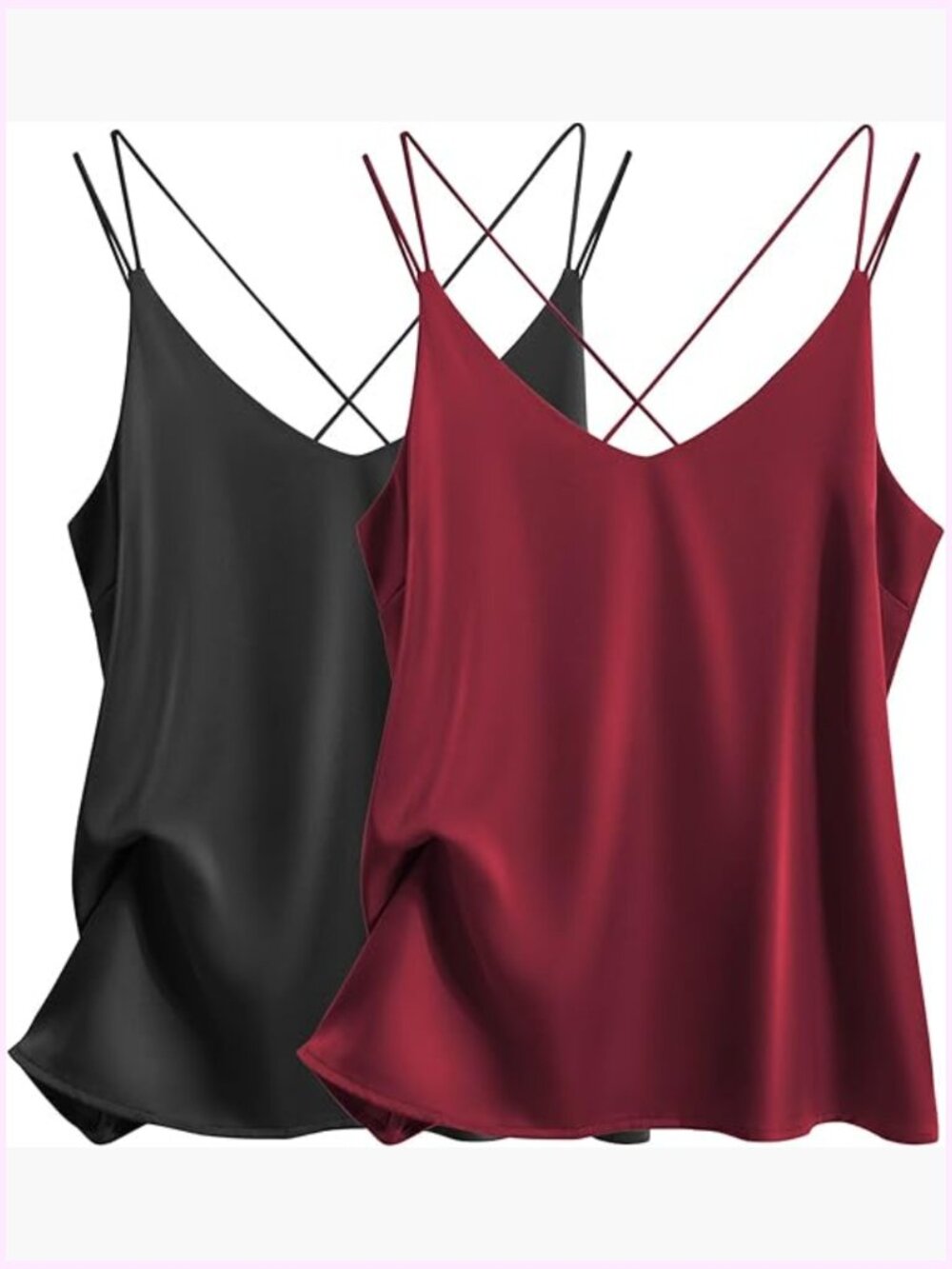 Ekouaer 2-Pack Silk Satin Camisole Tank Top V Neck Cross Back Spaghetti Strap